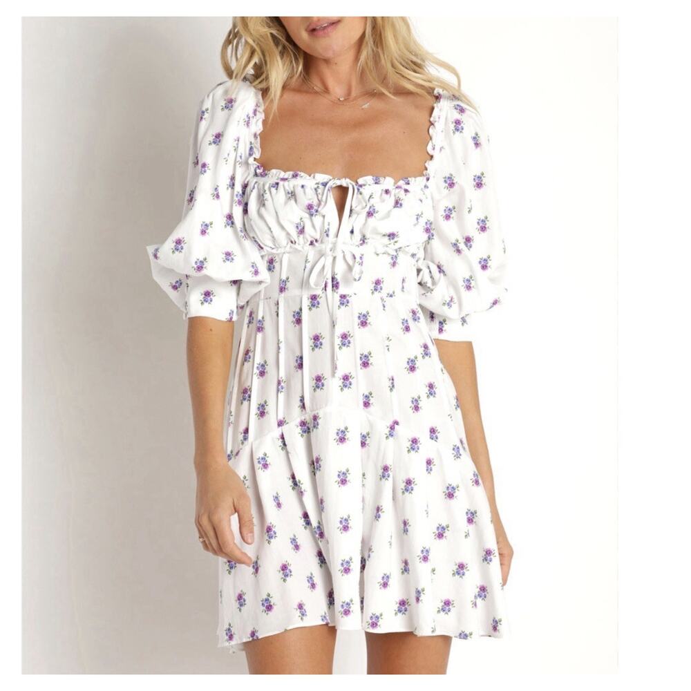 For Love And Lemons White Mini Dress with Purple Floral Print